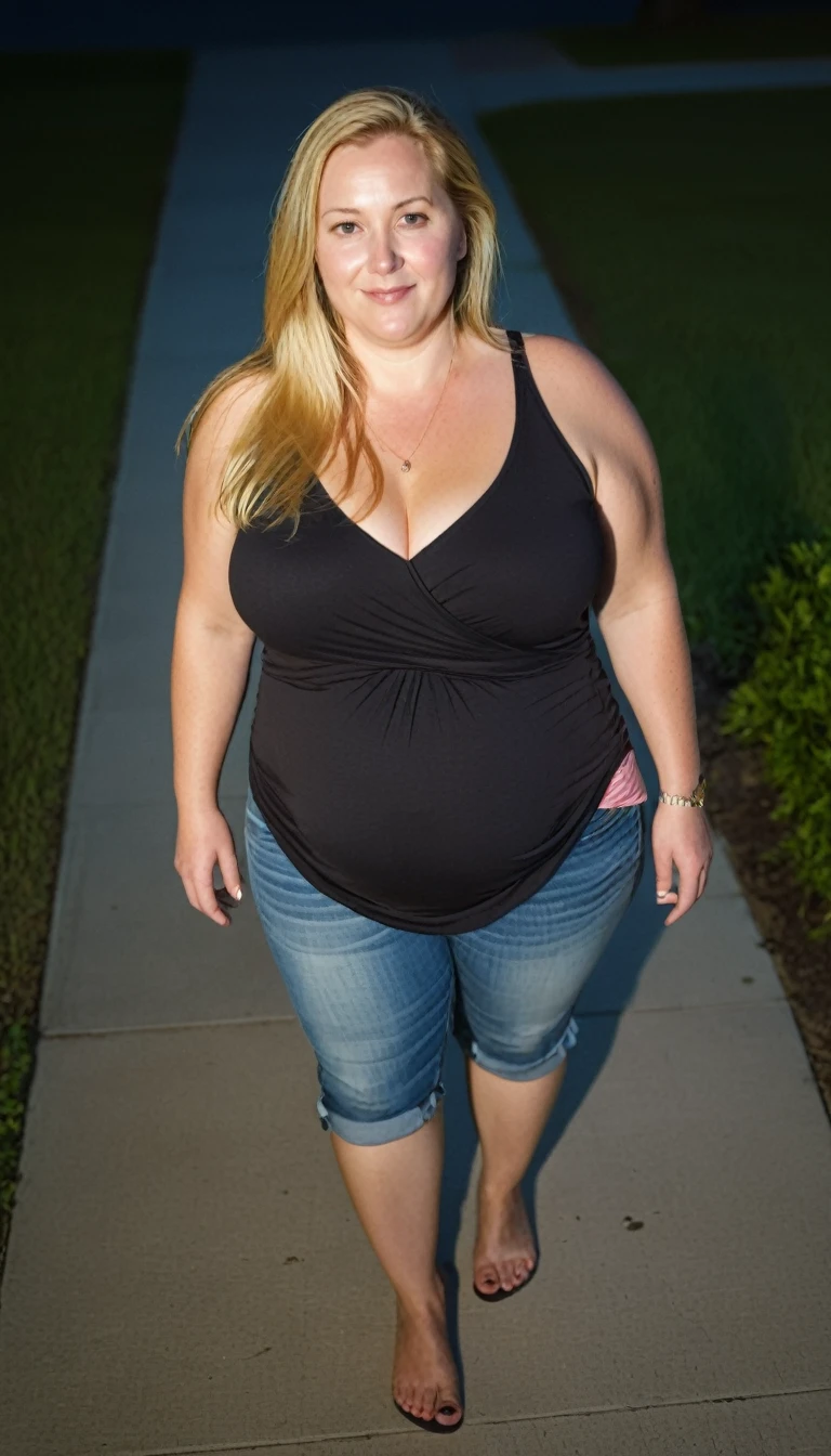 Chubby woman, 40 years old white Caucasian woman walking outside, night time, Mississippi, Gulfport, summer night, long straight blonde hair, casually and daily dressed, big hips, thick thighs, casual clothed, natural saggy breasts, Full Body Shot, From Above View, High Angle View, selfie, shy, close up selfie point of view,