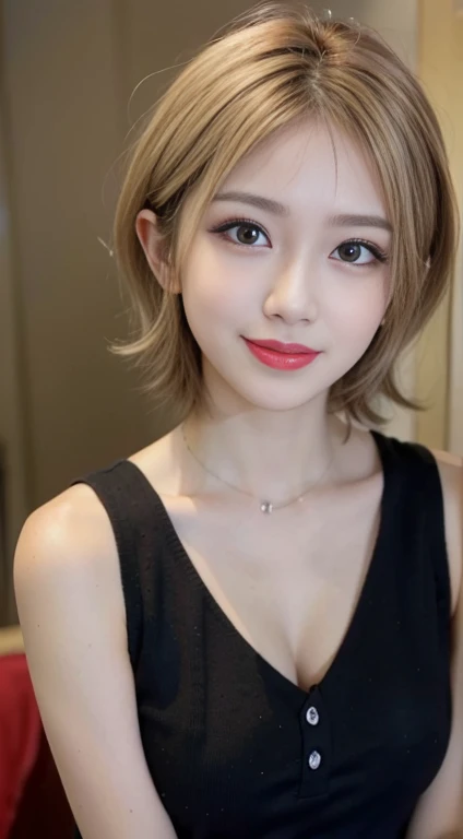 blush a little and smile, (Top quality masterpiece:1.2) Delicate illustrations, Very detailed, /Beautiful Japanese Women、1 person,Very cute and slim、Great style 、((8k images、super high quality))、Very delicate face, Big Breasts、Skin and Hair、beautifule forehead、Red lipstick、(((((short hair、Blonde、lure))))),Very cute Japanese cut face、Eyes and nose are clearly visible、Kind eyes,((((Black sleeveless fashion))))