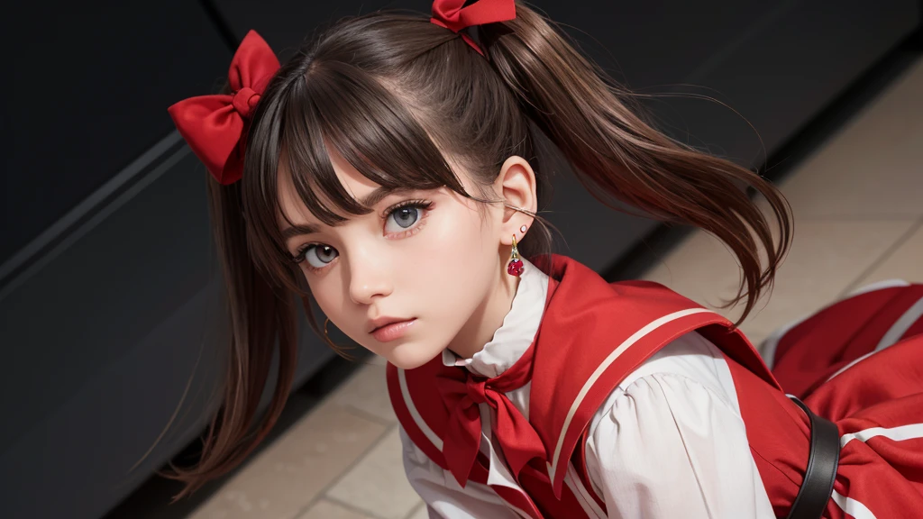 ((top quality,8k wallpaper)),(masterpiece,best quality:1.2),(high_resolution:1.2),(ultra details:1.2),extreme quality,sharp focus,detailed face+eyes,(bright colors),vivid colors,
RAW photo,dslr,soft lighting,film grain,cinematic film still,
double bun,twintails,parted bangs,circlet,jewelry,earrings,red choker,red bow,white gloves,elbow gloves,red skirt,
Low Angle shooting, super wide lens,