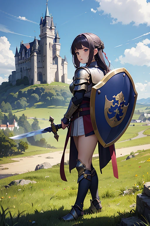 anime girl in violet armor with a sword and shield who is 20 years old in a nedieval landscape with the shield raised and a castle in the distance and a dragon breathing fire