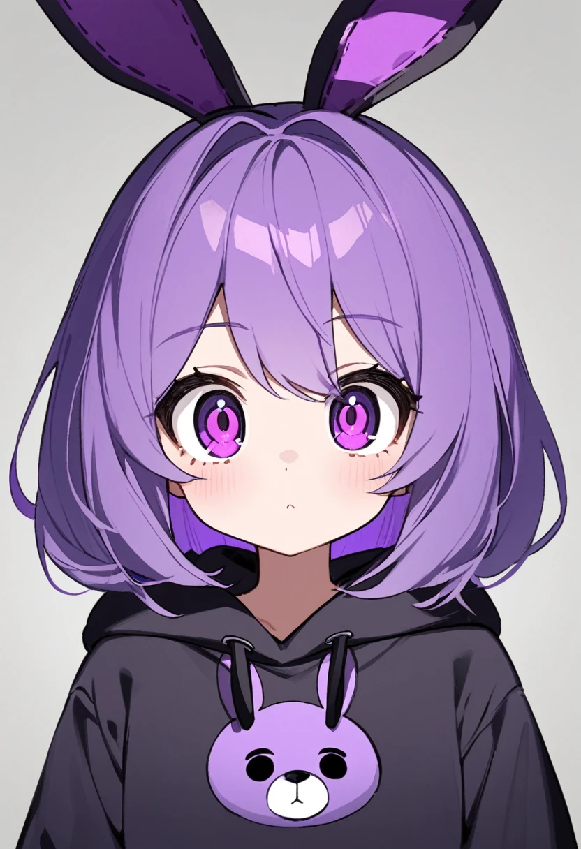 anime inspired by Bonnie from Five Nights at Freddy in black sweatshirt with short purple hair, with big purple bunny ears and purple eyes
