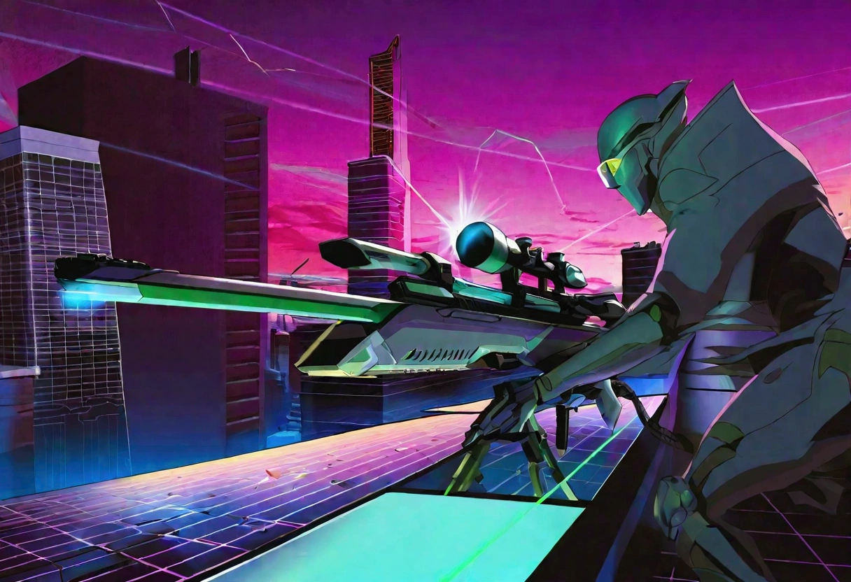 A sniper in Hi-tech combat suit aiming a huge laser sniper rifle on the roof of a damaged office, aiming at an evil alien mecha, twilight in neo tokyo