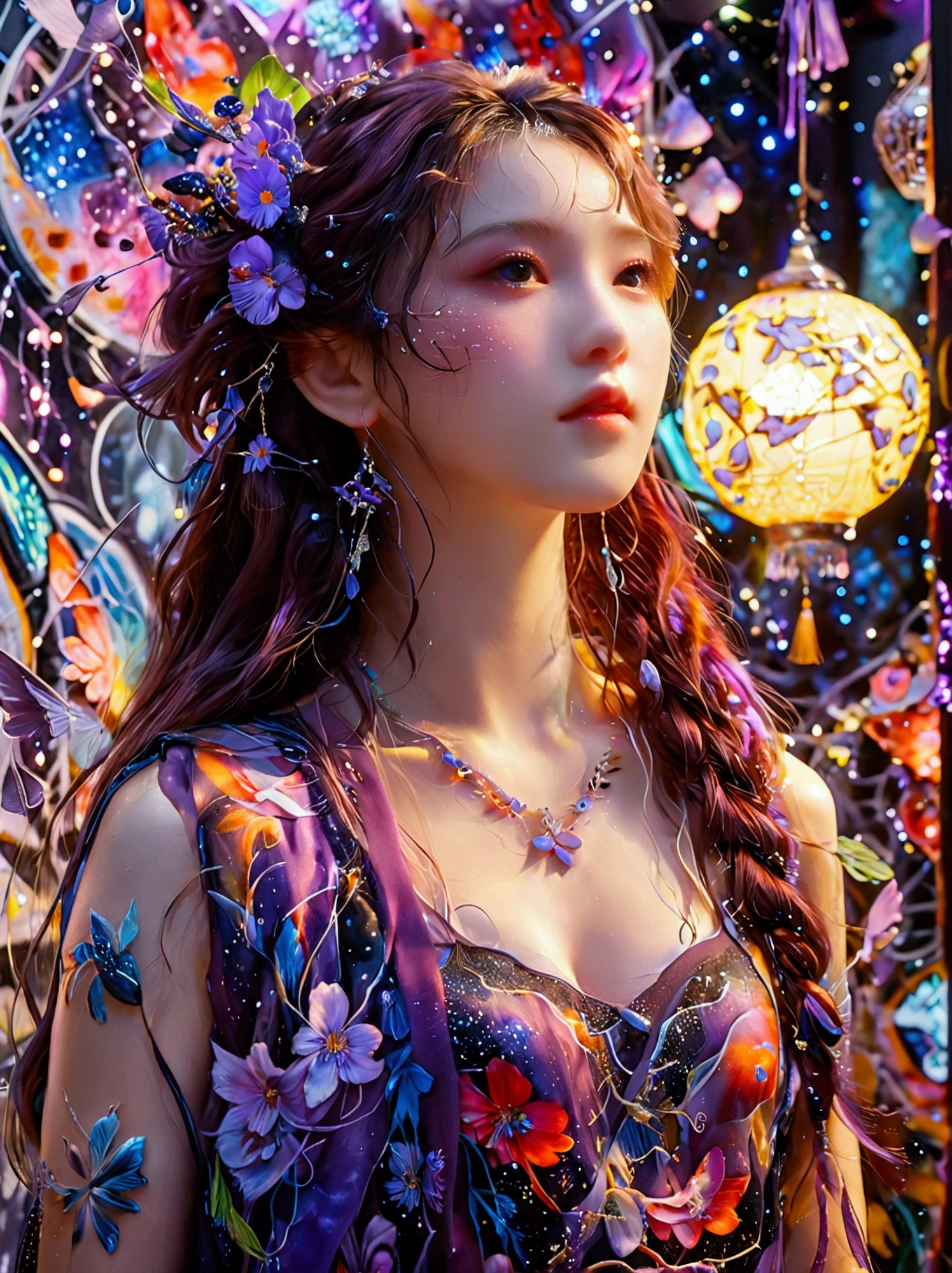 Best quality,8k,high resolution,masterpiece,Ultra Detailed,lifelike,Photorealism,A beautiful Korean girl,45度斜侧着Looking up,Red hair with two braids,戴着Purple的月亮发夹,穿着Purple的的吊带衫,(穿着Purple牛仔裤:1.5),(脚上穿着Purple高跟鞋,Black thin socks:1.5),There are doodle moon and stars on it,Purple的眼睛和Purple长睫毛,Purple的金属项链和吊坠耳环,(whole body:1.5),(Vision:1.5),(她一只手拿着Purple的钻石话筒),(一只手举着Purple的荧光棒),Funny and lively expressions,Purple,Platinum hue,Hand drawn art style,Graffiti Art,Street art,虚化的Purple泡泡背景,Bright colors,45 oblique angle,Looking up,Ultra HD, Physically Based Rendering,Extremely detailed description,Ultra-detailed paintings,Futuristic interior decoration,Neon lights,Sharp focus,Vibrant colors,Science Fiction,Concept Art,High-tech atmosphere,Studio Lighting,HDR,Ultra HD,Bokeh