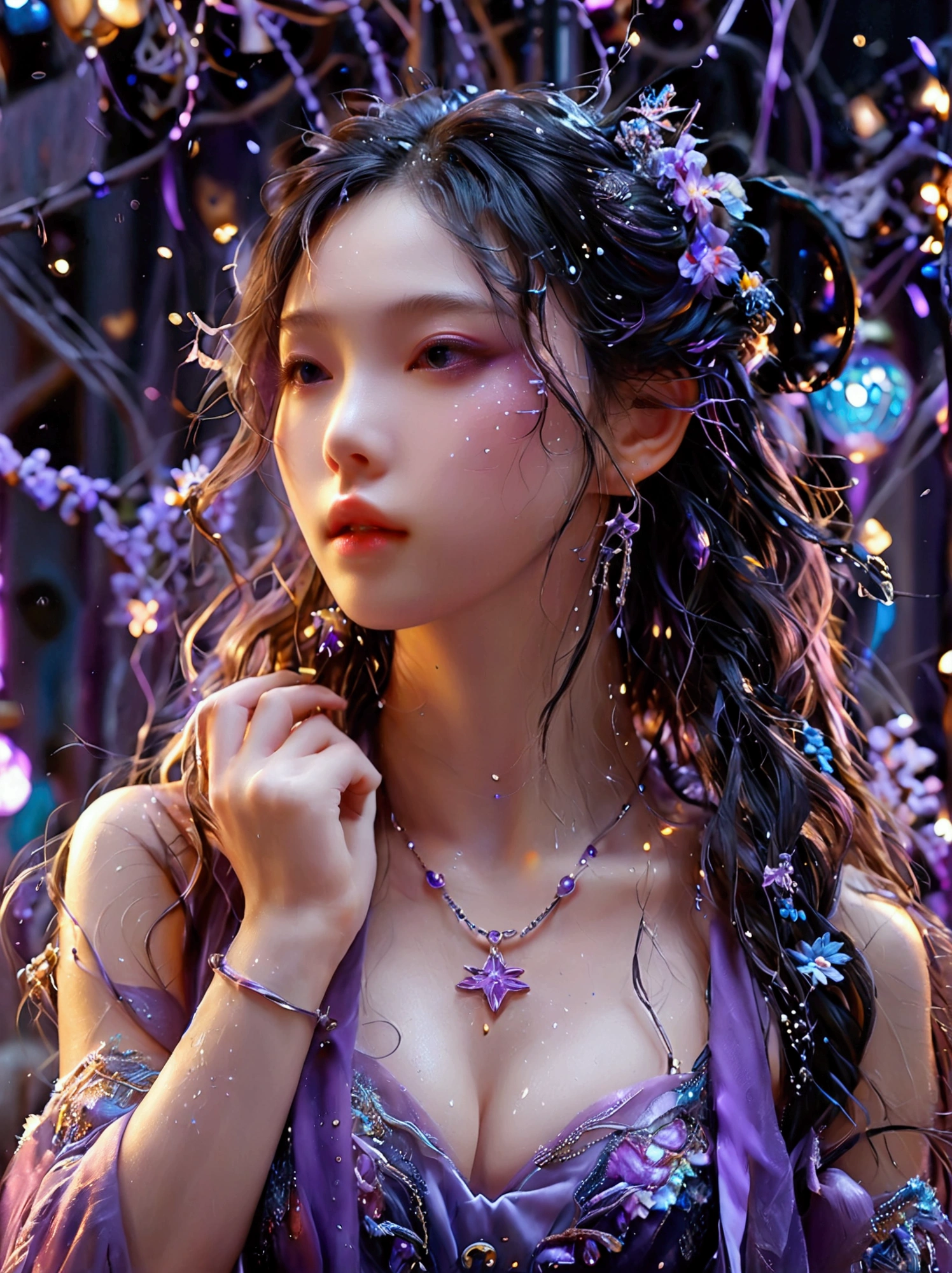 Best quality,8k,high resolution,masterpiece,Ultra Detailed,lifelike,Photorealism,A beautiful Korean girl,45度斜侧着Looking up,Red hair with two braids,戴着Purple的月亮发夹,穿着Purple的的吊带衫,(穿着Purple牛仔裤:1.5),(脚上穿着Purple高跟鞋,Black thin socks:1.5),There are doodle moon and stars on it,Purple的眼睛和Purple长睫毛,Purple的金属项链和吊坠耳环,(whole body:1.5),(Vision:1.5),(她一只手拿着Purple的钻石话筒),(一只手举着Purple的荧光棒),Funny and lively expressions,Purple,Platinum hue,Hand drawn art style,Graffiti Art,Street art,虚化的Purple泡泡背景,Bright colors,45 oblique angle,Looking up,Ultra HD, Physically Based Rendering,Extremely detailed description,Ultra-detailed paintings,Futuristic interior decoration,Neon lights,Sharp focus,Vibrant colors,Science Fiction,Concept Art,High-tech atmosphere,Studio Lighting,HDR,Ultra HD,Bokeh