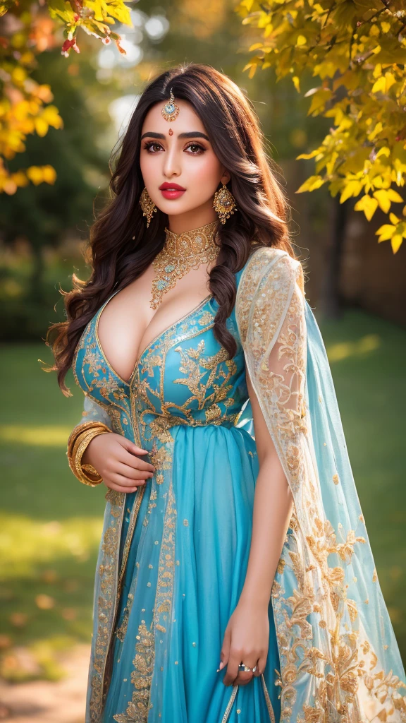 photo portrait of noor, wearing blue tip, outside on a sunny autumn day, looking at viewer, lense flare, (realistic eyes, symmetric face:0.8) (masterpiece:1.2) (photorealistic:1.2) (bokeh) (best quality) (detailed skin) (intricate) (8k) (HDR) (cinematic lighting) (sharp focus), big breast, big natural lips, dark red lips, sparkling day dreams eyes., 27 yo female noor