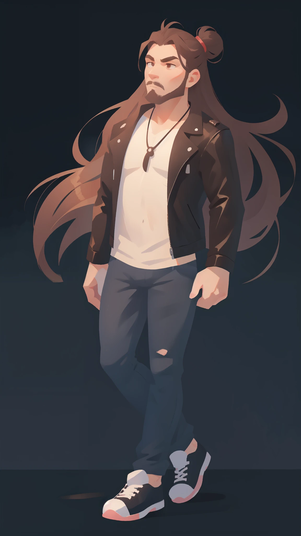 a human, male, fair skin, long hair, single samurai bun, dark brown hair, dark brown eyes, detailed eyes, detailed face, thin beard, dark brown beard, pink tip of the nose, slim body, athletic body, bone necklace, black t-shirt, leather jacket, jeans, matching sneakers, 4k, 8k, minimalist background, monotone background, digital art, vivid shadows, soft colors, cinematic lighting, zoomed in image