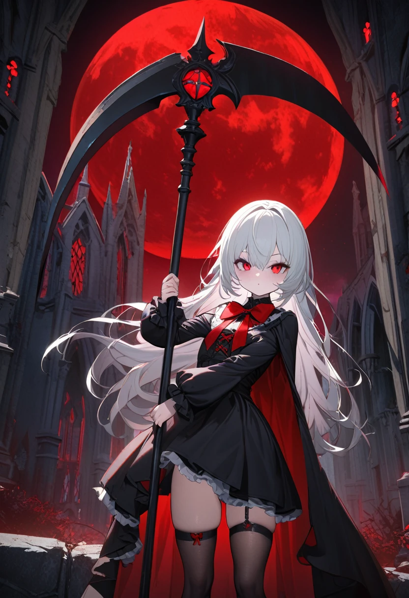 1 small girl, vampire, young, black gothic dress, red right stocking, black left stocking, red eyes, white hair with bow, scythe, against the backdrop of the red moon, abandoned gothic church, night, looking at viewer, majestic pose, 8k, masterpiece, high res, ultrasharp