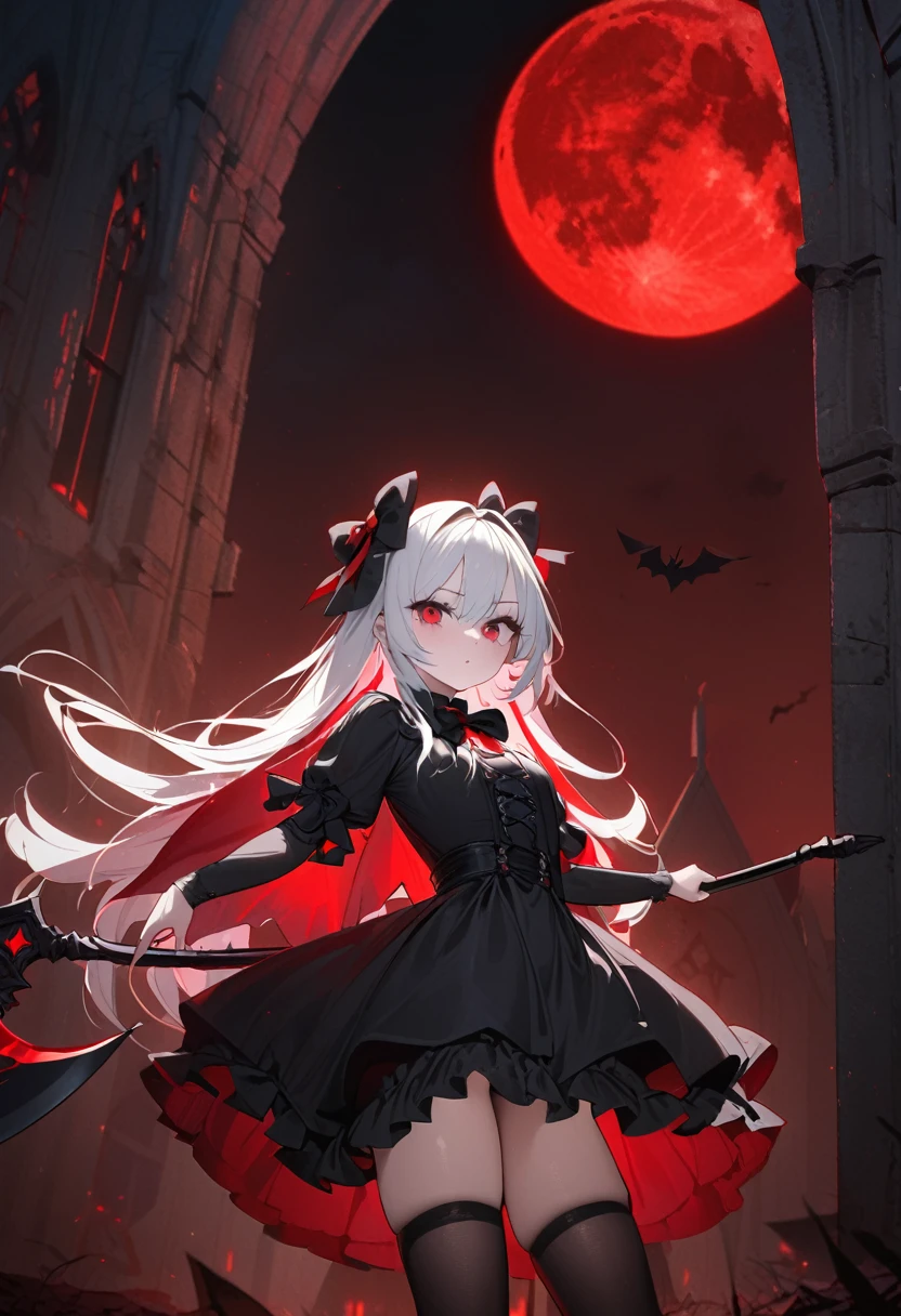 1 small girl, vampire, young, black gothic dress, red right stocking, black left stocking, red eyes, white hair with bow, scythe, against the backdrop of the red moon, abandoned gothic church, night, looking at viewer, majestic pose, 8k, masterpiece, high res, ultrasharp