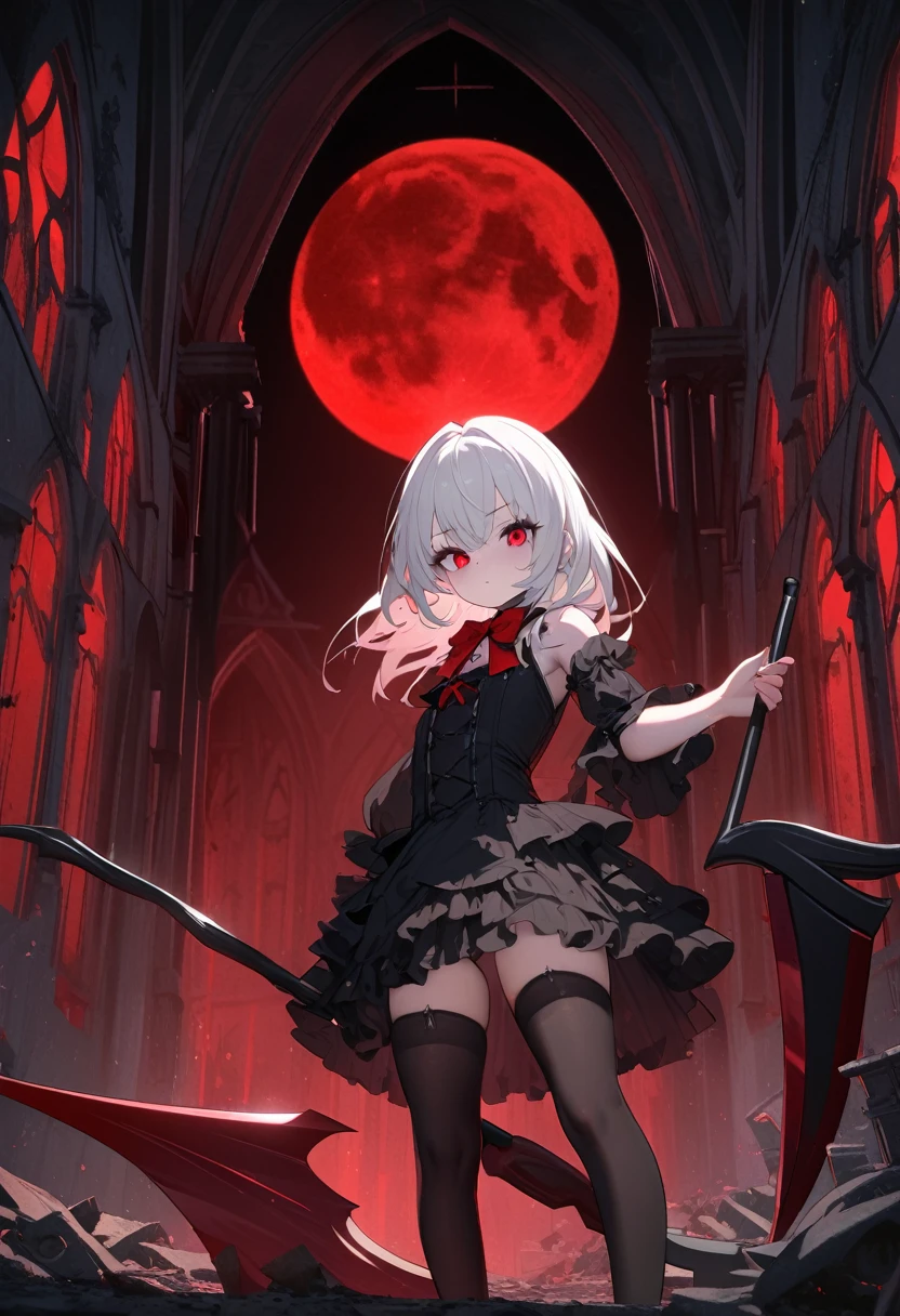 1 small girl, vampire, young, black gothic dress, red right stocking, black left stocking, red eyes, white hair with bow, scythe, against the backdrop of the red moon, abandoned gothic church, night, looking at viewer, majestic pose, 8k, masterpiece, high res, ultrasharp