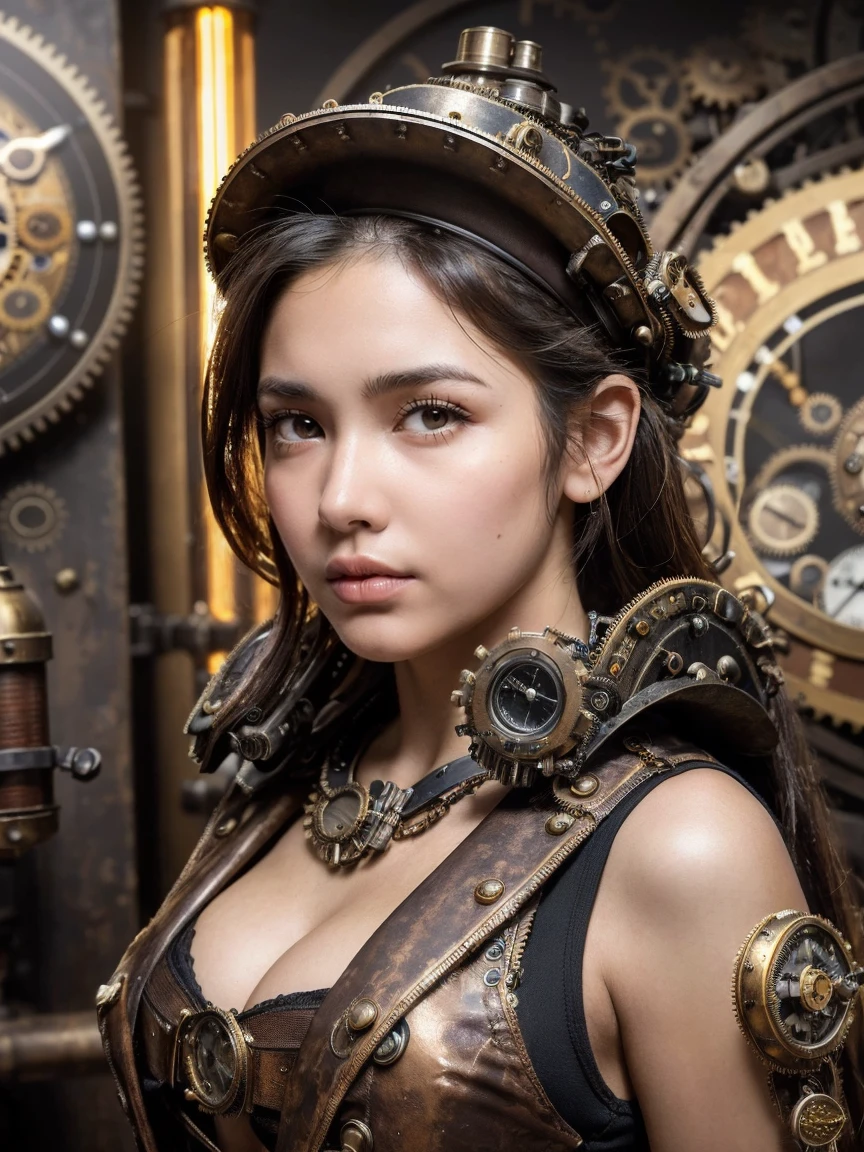 Columbian 13 year old girl, half body view, (front to camera), detailed european face, (aspiring facial expression), (((steampunk style close))), ((steampunk city on the background)), RAW, analog style, ultra detailed photograph, cinematic lighting, artstation, 4k, sharp focus, high resolution, detailed skin, detailed eyes,