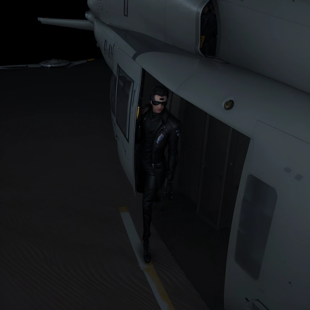 there is a man standing in the doorway of a helicopter, on a landing pad, second life avatar, air is being pushed around him, modeled in poser, full body close-up shot, helicopter, on the runway, imvu, full body shot close up, ! movie scene, elegant pose, in game, abandoned night hangar, doing an elegant pose over you