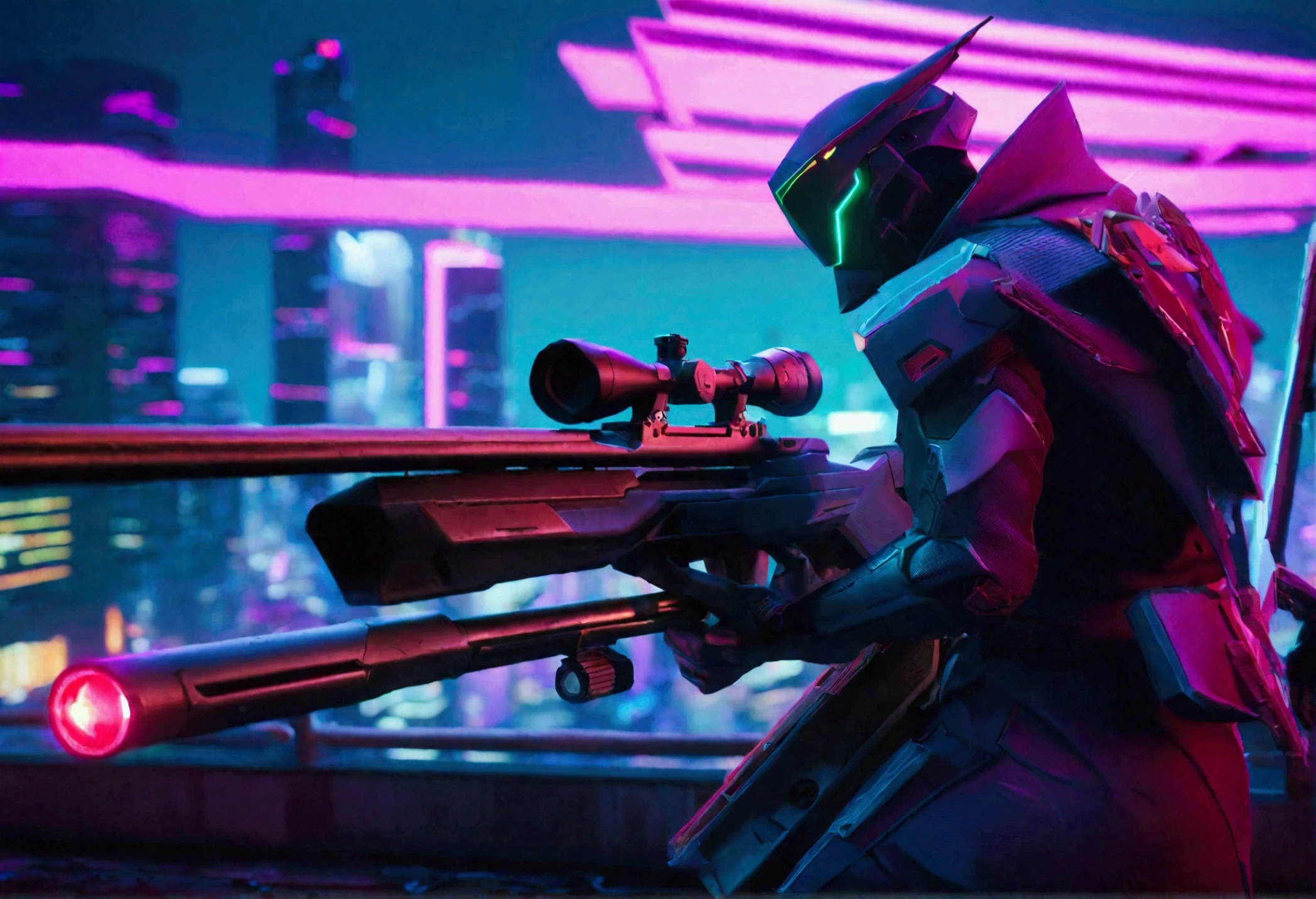 A sniper in high-tech combat suit,highly detailed cyborg soldier,huge laser sniper rifle,aiming at evil alien mecha,damaged office building,roof top,twilight in neo tokyo,cinematic composition,dramatic lighting,cyberpunk,neon city,moody atmosphere,photorealistic,8k,4k,ultra-detailed,cinematic,hyper-realistic,dramatic,masterpiece,best quality