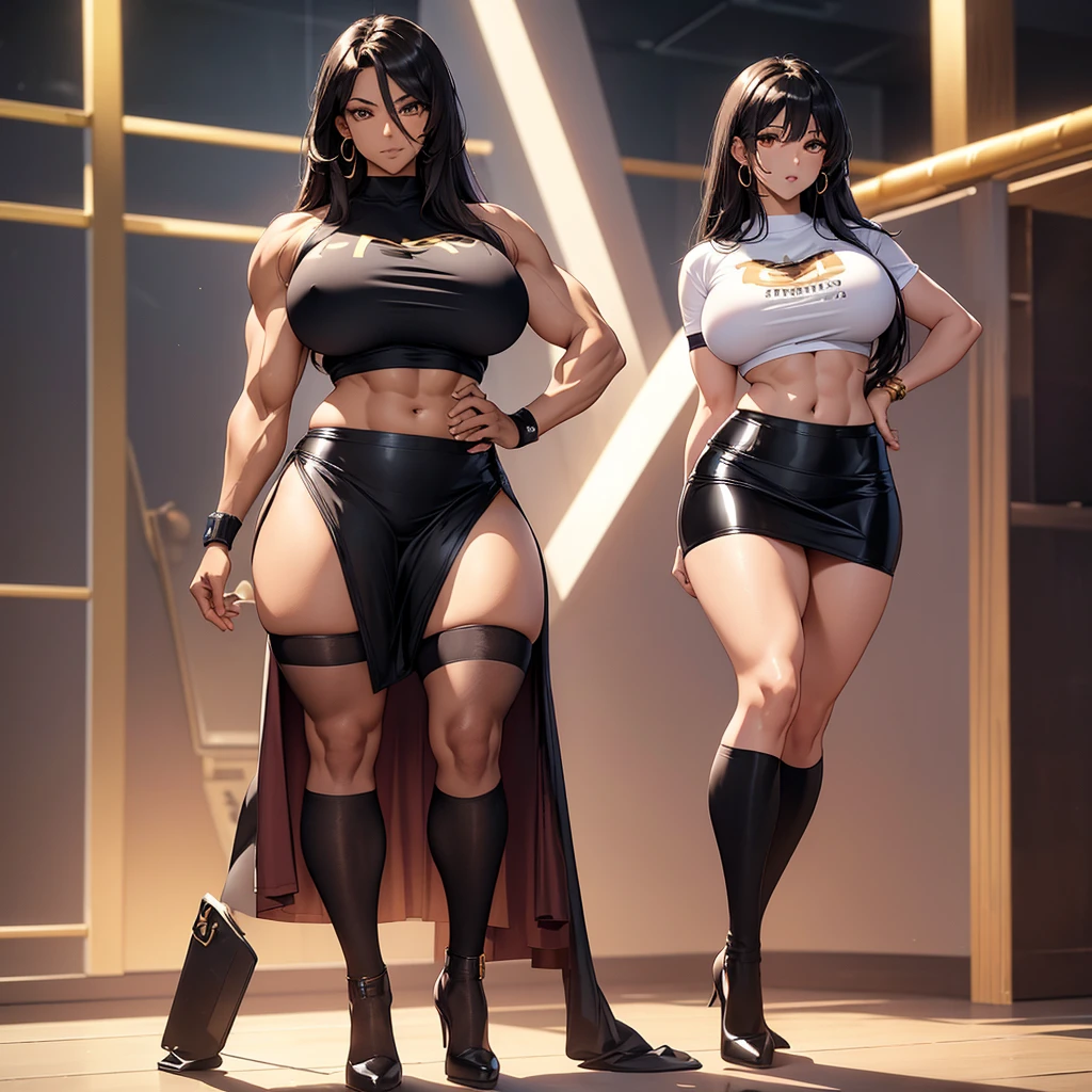 Golden brown eyes, hair as black as night, huge and prominent arm muscles, huge and prominent abdominal muscles, large and prominent chest, sculpted legs with huge muscles, wearing shiny black clothes, a T-shirt, a tight skirt, long socks, and high-heeled shoes, 4K resolution.,Bright white skin