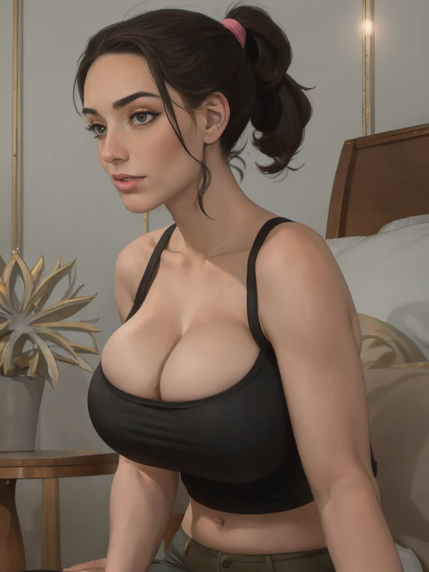 (masterpiece, top quality, best quality, official art, beautiful and aesthetic:1.2), (1girl:1.3), long dark brown hair, ((loose ponytail)), extremely detailed, portrait, looking at viewer, solo, (full body:0.6), detailed background, close up, mischievous green eyes, (warm nature theme:1.1), extremely busty slender brunette, jogging, running, huge lips, cheerful, mysterious, hot pink tank top, wide straps, sleeveless, (black leggings), ponytail, slender, gigantic breasts, cleavage, skindentation, bouncing breasts, slim waist, slim hips, long legs, modern (city park exterior:1.1) background, bright optimistic lighting, shadows, magical atmosphere, dutch angle