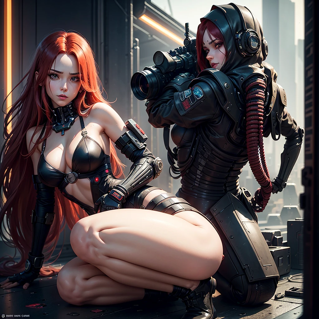 "Fantastic cyberpunk post-apocalyptic style. Beautiful cyborg girl with long red hair, dressed in a black android suit with a cleavage and small red details, stands vertically in front of the camera. The camera films her from below. She stands over the camera in a dominant face sitting pose, she is ready to sit on her face with her pussy. Her hands are behind her back. She looks into the lens with a playful, with a slightly flirtatious look and a slight smile. Her thighs are exposed. Dark background with red flashes and lights, creating an atmosphere of slight sadness. The image horizon is flat. Primary colors - black and red." sci fi