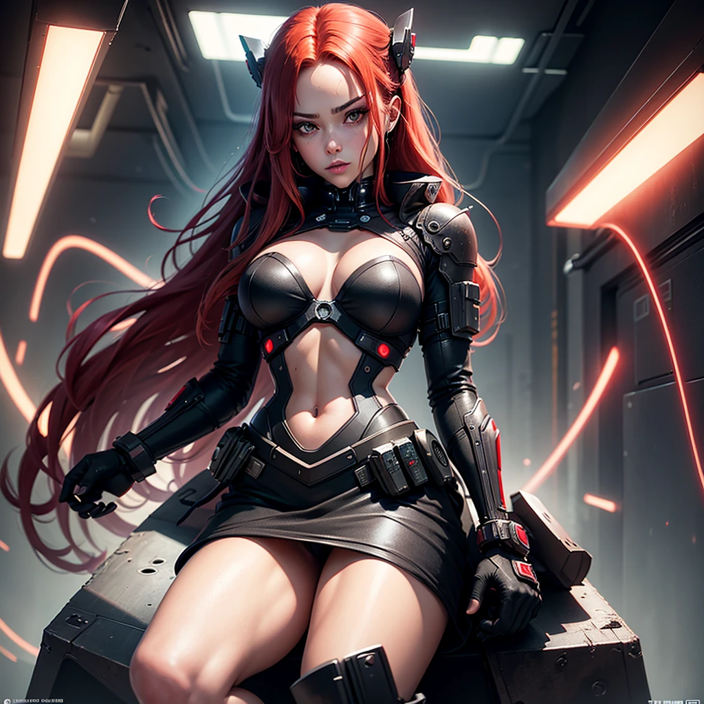 "Fantastic cyberpunk post-apocalyptic style. Beautiful cyborg girl with long red hair, dressed in a black android suit with a cleavage and small red details, stands vertically in front of the camera. The camera films her from below. She stands over the camera in a dominant face sitting pose, she is ready to sit on her face with her pussy. Her hands are behind her back. She looks into the lens with a playful, with a slightly flirtatious look and a slight smile. Her thighs are exposed. Dark background with red flashes and lights, creating an atmosphere of slight sadness. The image horizon is flat. Primary colors - black and red." sci fi