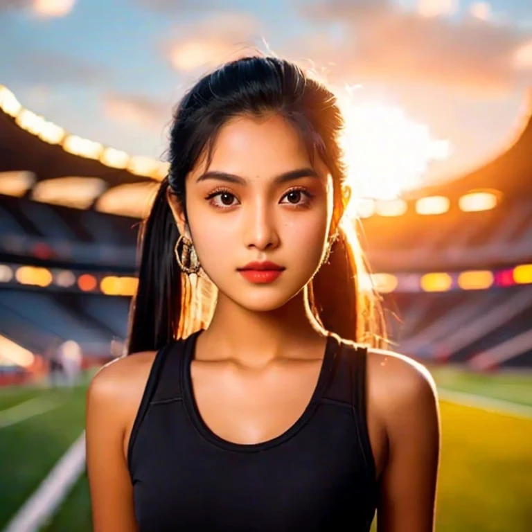 A young woman, Aarav, wears a plaid shirt and stands in front of the house., Portrait in the middle of a shot, Portrait 8 k, instagram post, Southeast Asians with round faces, long hair, ponytail, Photos in Portrait mode, Medium-term portrait, Shot with Sony Alpha, soft Portrait 8 k, Portrait photography, home photography, Shot with Canon EOS R5, Shot with Canon EOS R5, Headshot profile picture