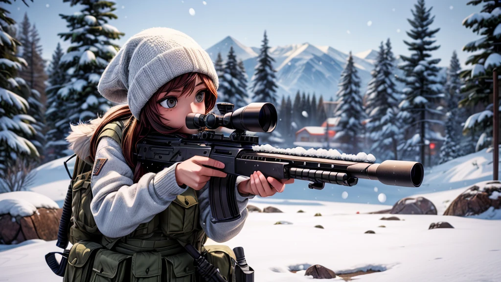 beautiful sniper woman, snow covered environment, highly detailed modern sniper rifle, snowy landscape, 