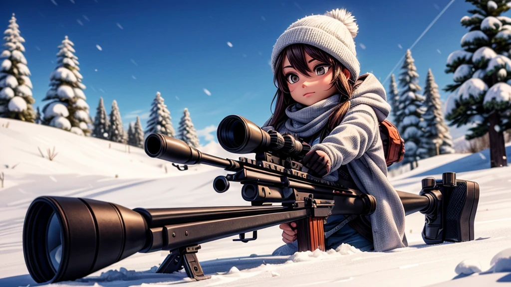 beautiful sniper woman, snow covered environment, highly detailed modern sniper rifle, snowy landscape,