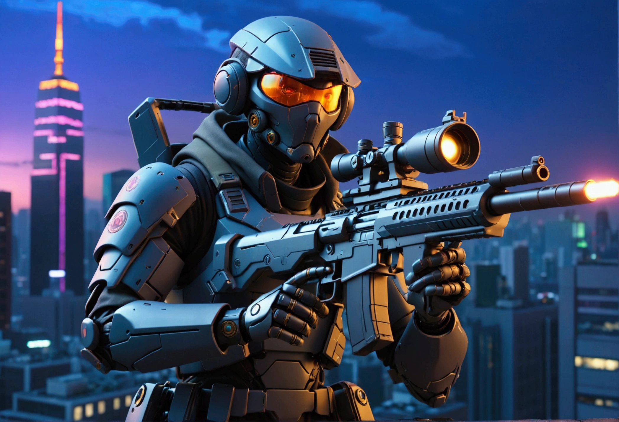 A sniper in high-tech combat suit,highly detailed cyborg soldier,huge laser sniper rifle,aiming at evil alien mecha,damaged office building,roof top,twilight in neo tokyo,cinematic composition,dramatic lighting,cyberpunk,neon city,moody atmosphere,photorealistic,8k,4k,ultra-detailed,cinematic,hyper-realistic,dramatic,masterpiece,best quality