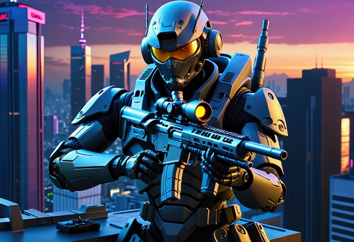 A sniper in high-tech combat suit,highly detailed cyborg soldier,huge laser sniper rifle,aiming at evil alien mecha,damaged office building,roof top,twilight in neo tokyo,cinematic composition,dramatic lighting,cyberpunk,neon city,moody atmosphere,photorealistic,8k,4k,ultra-detailed,cinematic,hyper-realistic,dramatic,masterpiece,best quality