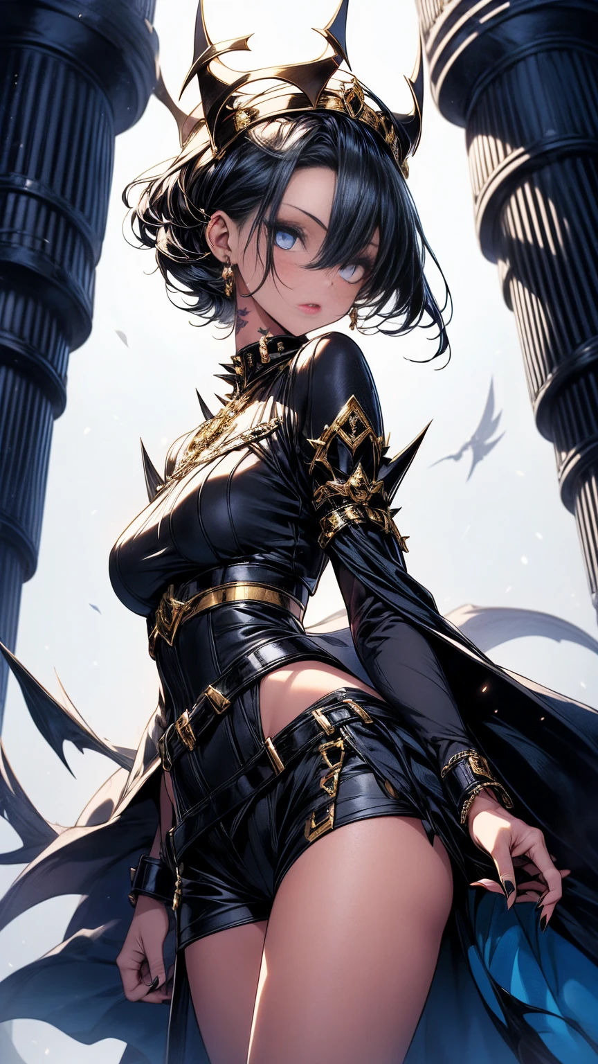 Generate an image of a woman with short black hair with blue highlights, sky-blue eyes with black makeup, and lips painted in soft red. She is wearing a black half-armor on the upper part and a black dress with a side slit at the lower part of her body. Her skin is fair with tattoos on her hip. She wears black heels with scales and a crown of black and shorts spikes with golden details. Additionally, she wears a blue cape with black and golden embroidery. She is located in a gallery with tall black columns and a dark background, brightly illuminated, with a somewhat angry expression, pose like queen