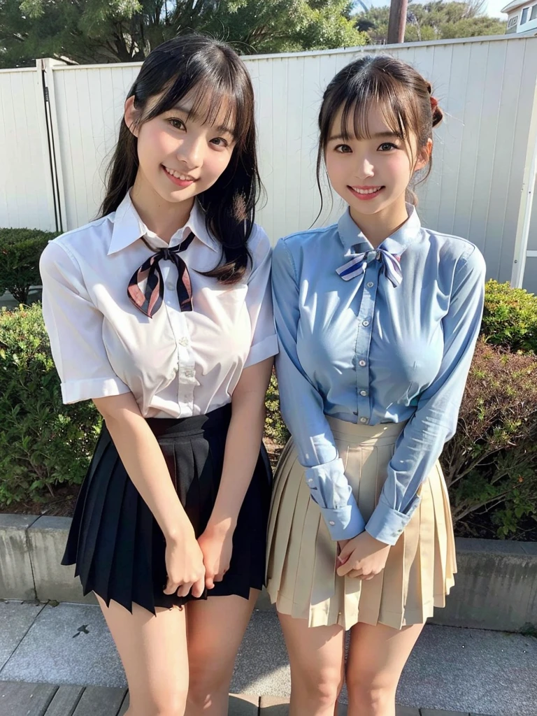 Two girls standing in an old Japanese schoolyard,White collared shirt with bow tie,Pleated skirt、、Large Breasts、Your breasts are too big、Pose facing each other、Indigo Hakamashita,She has a small dark red ribbon in her hair,18-year-old,bangs,Laugh a little,Low Ponytail,From below