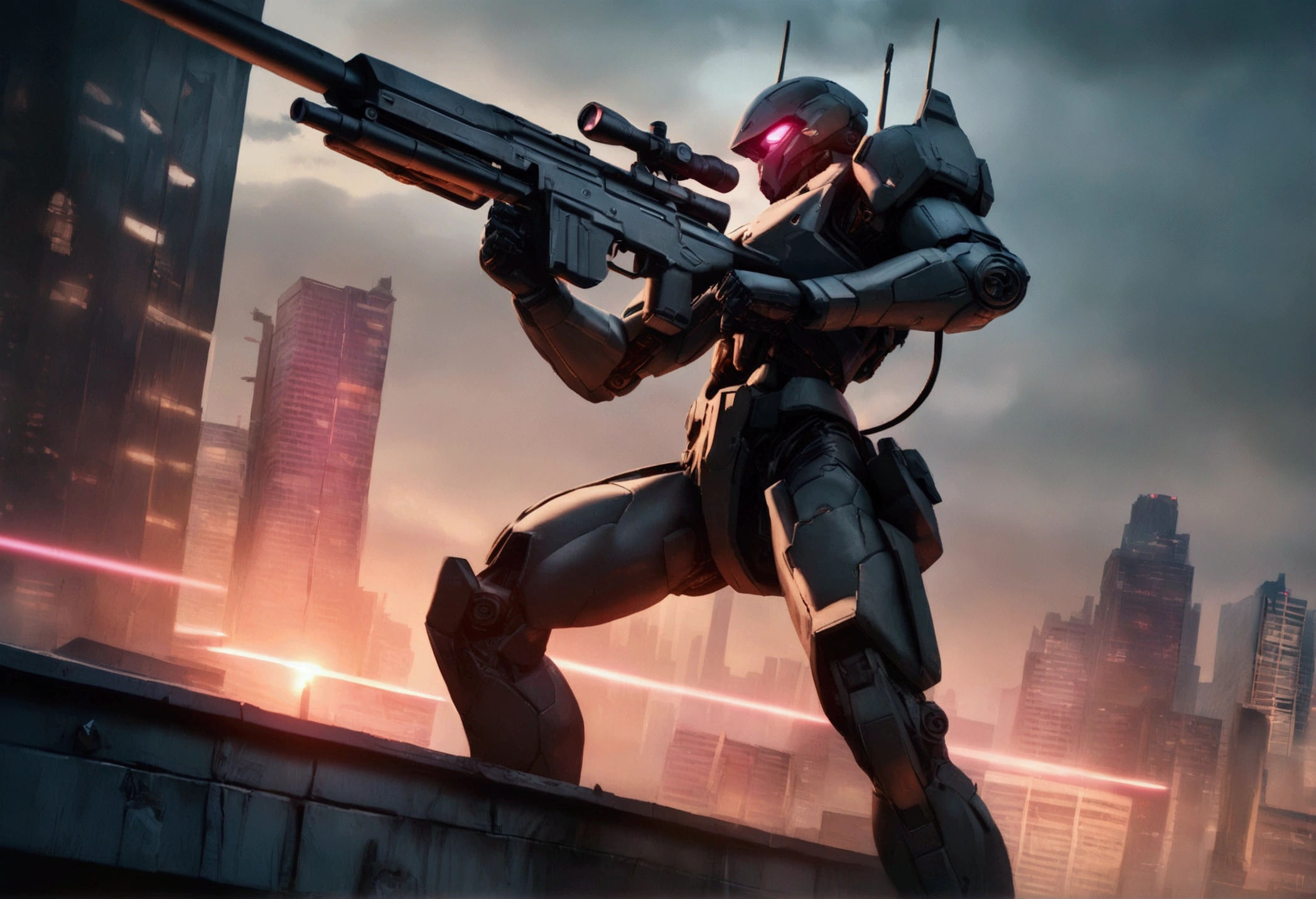 A sniper in high-tech combat suit,highly detailed cyborg soldier,huge laser sniper rifle,aiming at evil alien mecha,damaged office building,roof top,twilight in neo tokyo,cinematic composition,dramatic lighting,cyberpunk,neon city,moody atmosphere,photorealistic,8k,4k,ultra-detailed,cinematic,hyper-realistic,dramatic,masterpiece,best quality
