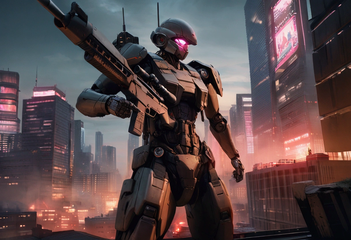 A sniper in high-tech combat suit,highly detailed cyborg soldier,huge laser sniper rifle,aiming at evil alien mecha,damaged office building,roof top,twilight in neo tokyo,cinematic composition,dramatic lighting,cyberpunk,neon city,moody atmosphere,photorealistic,8k,4k,ultra-detailed,cinematic,hyper-realistic,dramatic,masterpiece,best quality

