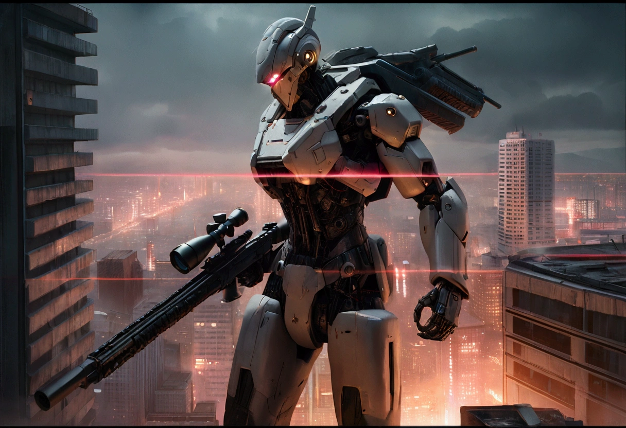 A sniper in high-tech combat suit,highly detailed cyborg soldier,huge laser sniper rifle,aiming at evil alien mecha,damaged office building,roof top,twilight in neo tokyo,cinematic composition,dramatic lighting,cyberpunk,neon city,moody atmosphere,photorealistic,8k,4k,ultra-detailed,cinematic,hyper-realistic,dramatic,masterpiece,best quality