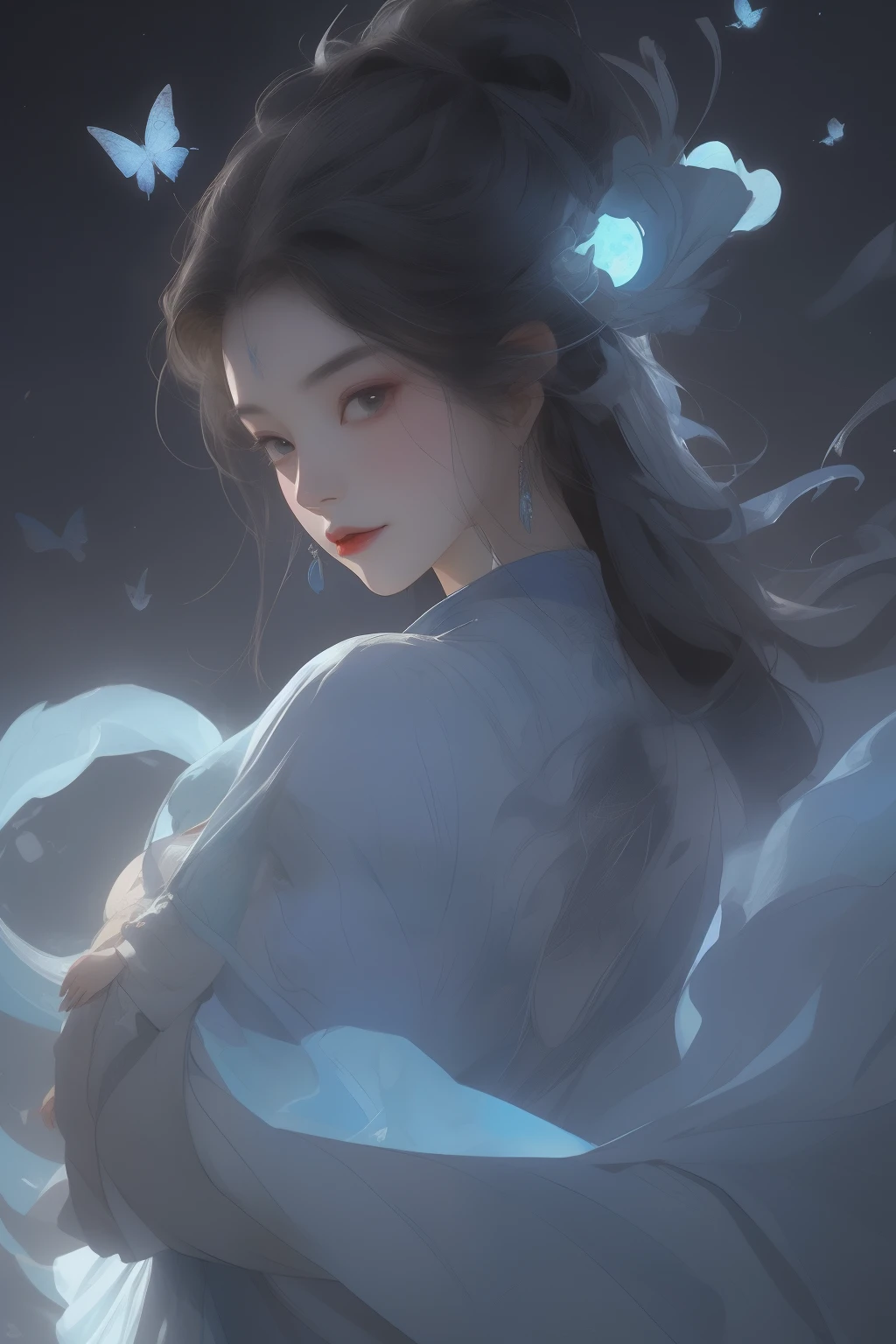 Masterpiece of Xianxia, best quality portrayed, Chinese girl, innocent yet powerful, night envelops, starry night reveals, moonscape painting unfolds, nightscape illumines, elegant outdoor enclosure sets the scene, one lovely girl graces, long black hair cascades down, long silky tresses shimmer under the moonlight, dark brown eyes gleam with intrigue, dress of Xianxia charm envelops, fantasy Xianxia dresses embellished with silver accessories, dark blue Hanfu shines, dress cinches at the waist, leaving a white touch, curvy body adorns, breasts thin and small, stylized body portrayed, thin