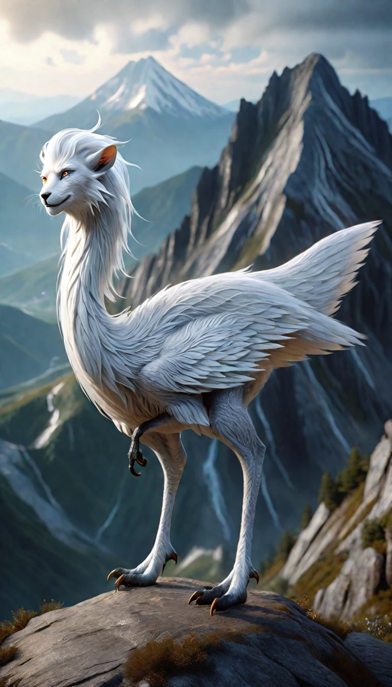 There is a creature on the mountain,human face,White hair,three legs(best quality,4K,8k,High level,masterpiece:1.2),Ultra Detailed,(lifelike,Photo real,Photo real:1.37),Highly detailed animals,Complex patterns,Realistic lighting,Fantasy Creatures