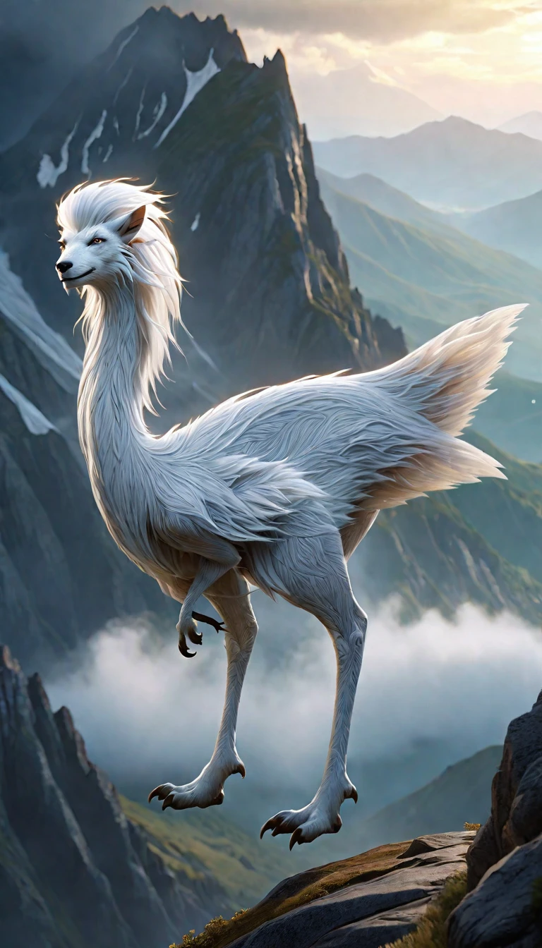 There is a creature on the mountain,human face,White hair,three legs(best quality,4K,8k,High level,masterpiece:1.2),Ultra Detailed,(lifelike,Photo real,Photo real:1.37),Highly detailed animals,Complex patterns,Realistic lighting,Fantasy Creatures