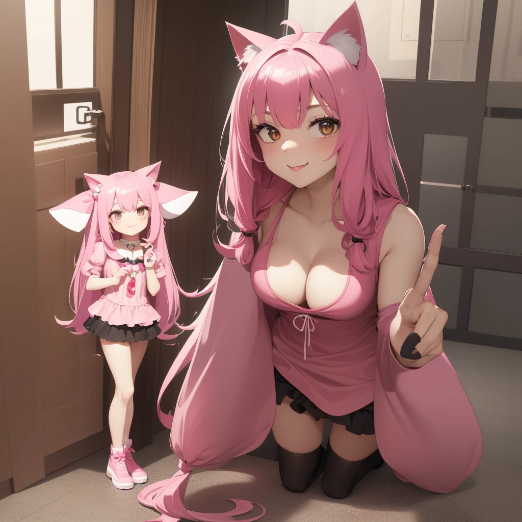 1 girl,cat girl,animal ears,cola,looking at the viewer,SMILE,peace sign,kawaii pink room,heart item,Love,standing,Upper part of the body,angulo standings,Good quality
