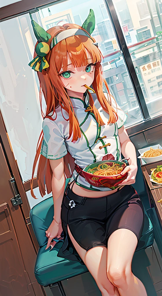 (masterpiece), (Highest quality), (High resolution), (One girl), Quiet Suzuka, (Uma Musume), Brown Hair, Cyan eyes, (((Small box:1.4))),Eating ramen with chopsticks, Holding chopsticks and slurping ramen(During meals), Open your mouth, Red cheeks, Heavy breathing, (Beautiful, smooth skin), (((Randomly selected pose))), ((( No extra arms and legs))), (((Randomly selected angle))), (((there are no defects in the body))), (((Lots of details))), ((( The girl has one tail on the hips), (((Random View))), (((Unique photos)), (((Random Angle))))、indoor、Inside a Chinese restaurant、Sitting on a chair and eating ramen
