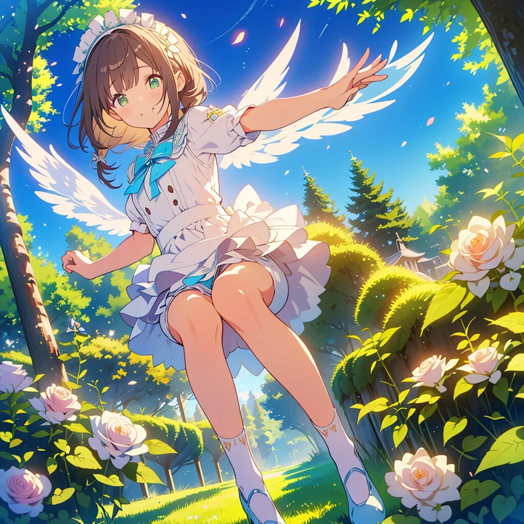 kawaii, anime, Cute, hyper quality, highly detailed, 8k, Front facing, Clarity, brown long hair, green eyes, smile, white rose, Set in Alice's Wonderland, planted white roses, white rose petals are dancing, Draw facial expressions in detail, striped overknee socks, Alice's maid costume with big ribbon, mark with sue, playing cards, clock, fairy tale, fantasy, shine of light, highlight on eyes, wink, My body dances, Gradation of bright sky and evening and night sky, full moon and crescent moon, whole body, Twisted trees of different sizes, twisted ivy, rabbit, white roses bloom, white rose petals, small angel wings on the back, Uplifting, The sky dyed in twilight, rising ground, ribbon headband, undulating rose thorns,