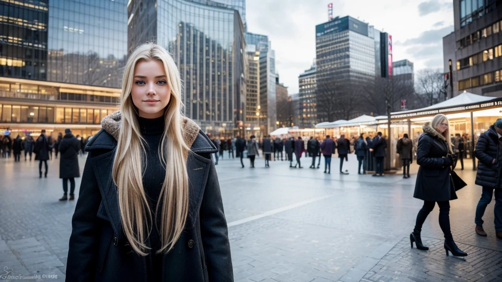 A stunning hyperrealistic photo of a 18 year old German girl with long blond hair, blue eyes, and a perfect nose, standing in a Frankfurt city square during winter. She is dressed in high-end designer clothes, with a coat that accentuates her figure. Her smile is warm and inviting, and she exudes confidence and elegance. The background reveals the bustling city, with its architecture and people. The image is captured with exceptional detail and clarity using a Canon EOS 5D Mark IV, showcasing the girl's flawless skin texture and the intricate patterns of her clothing. This photograph is a true masterpiece, offering a vivid and immersive 8K UHD experience., photo