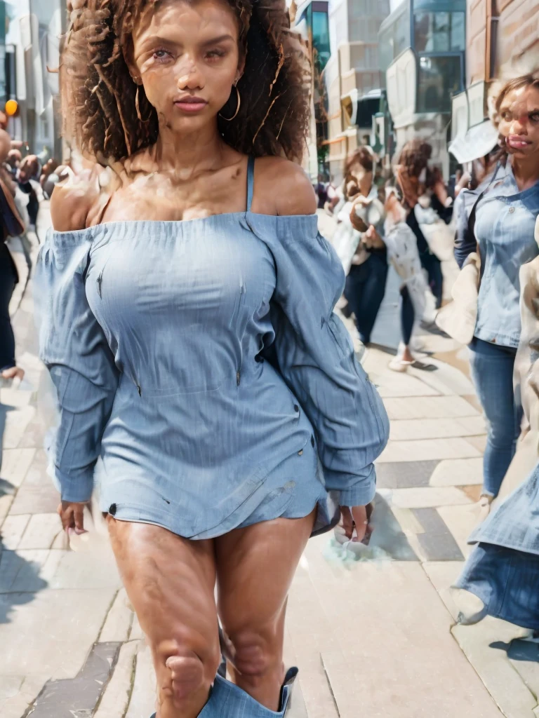 Black woman with sapphire blue dress, realistic.