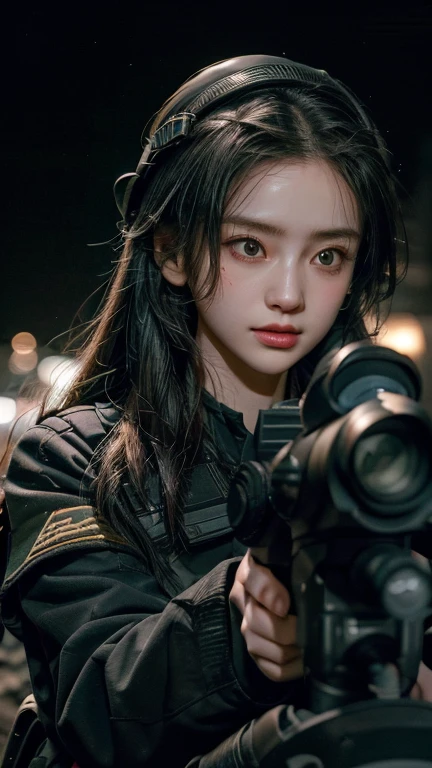 high quality, High-resolution images, Full HD、8k.A girl with long, straight black hair、He is wearing a US military uniform and a helmet pulled down over his head.。., He has a rifle.、Late Night City, Put on a night scope,Binoculars Night Vision Scope, Pitch black. Night scope light is green.,,(Shooting a gun from the rubble),((Lower the night scope to eye level,))