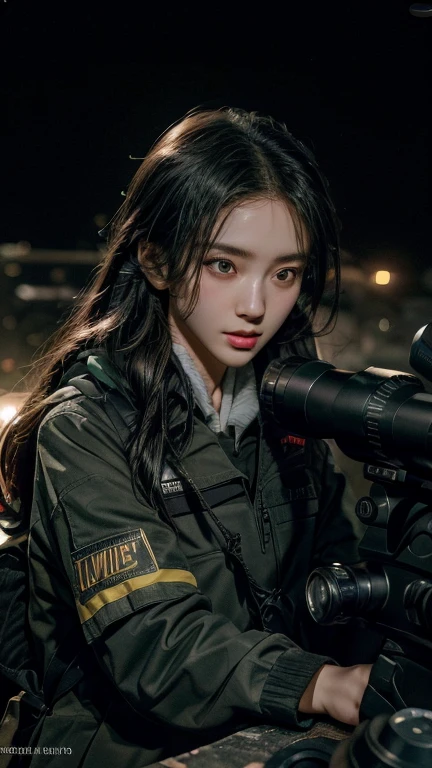 high quality, High-resolution images, Full HD、8k.A girl with long, straight black hair、He is wearing a US military uniform and a helmet pulled down over his head.。., He has a rifle.、Late Night City, Put on a night scope,Binoculars Night Vision Scope, Pitch black. Night scope light is green.,,(Shooting a gun from the rubble),((Lower the night scope to eye level,))