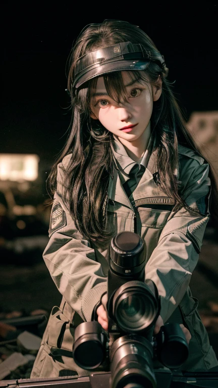 high quality, High-resolution images, Full HD、8k.A girl with long, straight black hair、He is wearing a US military uniform and a helmet pulled down over his head.。., He has a rifle.、Late Night City, Put on a night scope,Binoculars Night Vision Scope, Pitch black. Night scope light is green.,,(Shooting a gun from the rubble),((Lower the night scope to eye level,))
