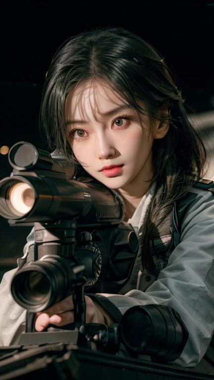 high quality, High-resolution images, Full HD、8k.A girl with long, straight black hair、He is wearing a US military uniform and a helmet pulled down over his head.。., He has a rifle.、Late Night City, Put on a night scope,Binoculars Night Vision Scope, Pitch black. Night scope light is green.,,(Shooting a gun from the rubble),((Lower the night scope to eye level,))