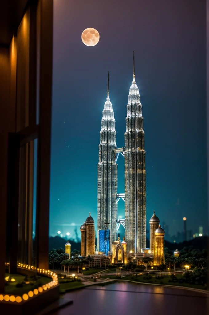 Twin Towers miniature in a bottle
art miniture landscape, photorealisitc, petronas twin towers with background glowing moon in a bottle with mystical fairy lights, crystal cave, surreal, ultra detail, sparkling