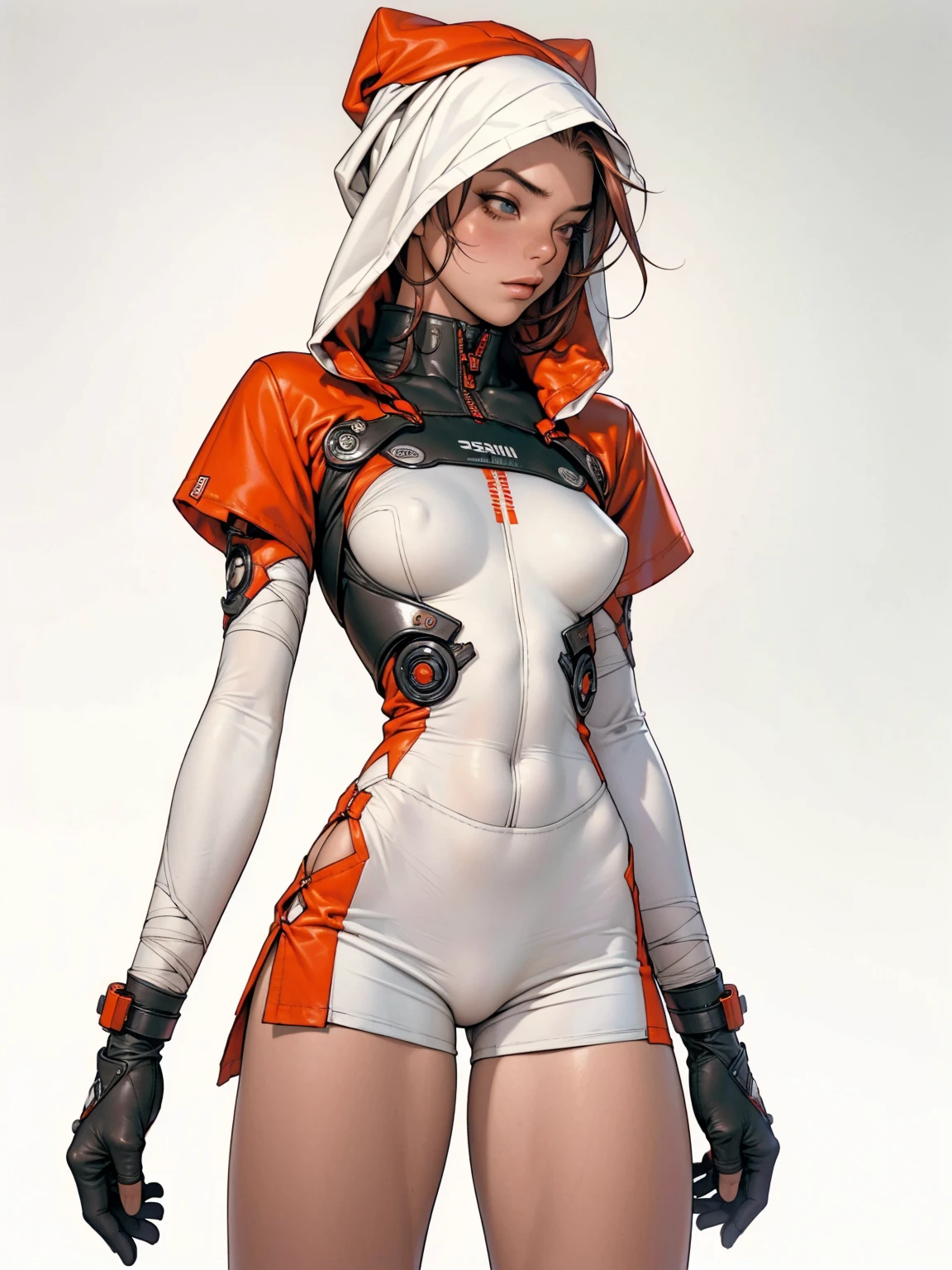 (((MMA fighter))), ((( red shorts ))), (((bandaged arms))), ((high collar)), (((redheadwear))), (((micro shorts with vertical seams))), (((hooded cloak))), (((best qualityer: 1.4))), (Unbeatable masterpiece), (hiper HD),(CG 8k hyper-realistic), (((brave face))), (((breasts big))), (((hyper feminine))), (((musclegirl))), sexly girl, king of fighter,(curly hair)), ((( sculptural body ))), (((1 Kizi))), Kizi de 25 anos com perfectbody,,Beautiful and well-groomed face,muscular body:1.2,solid color detailed jacket, (Head to thigh photos), Complex equipment, green dark,long pants,Tight clothes are dark,With white stars and off-white stripes,,,,,Armor Metal Electronic Parts) INFO, Kizi, (((standing alone))), pirralha violent, ((())), sexly, pose de atitude, work of art, post-apocalypse, (((manga style))), bounty hunter, violent, Manic, the way you want, slenderbody, thin but strong, perfectbody, roupa moderna, advanced technology, neon, sleeves with vertical striped pattern, neutral background, (( cowboy shot )). intricate visual