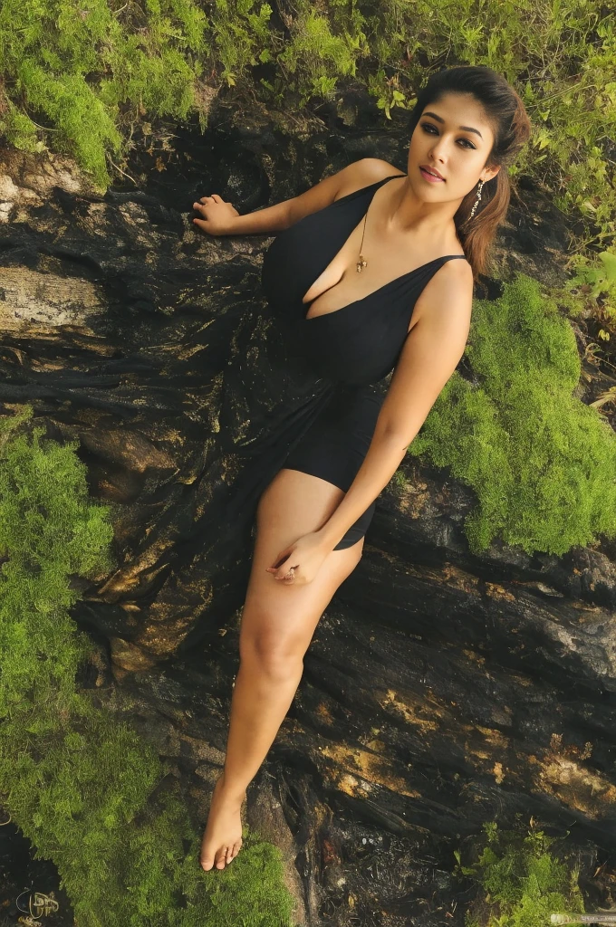 from top view, extreme sexy photo of nayanthara, big cheeks, hourglass figure, curvy, swooping breasts, deep cleavage, tall figure , open arms, sexy armpits, look at viewer lusciously, bindi, necklace, seducing near bush fire in a forest and stripping black scarf, ponytail, 4K, HD