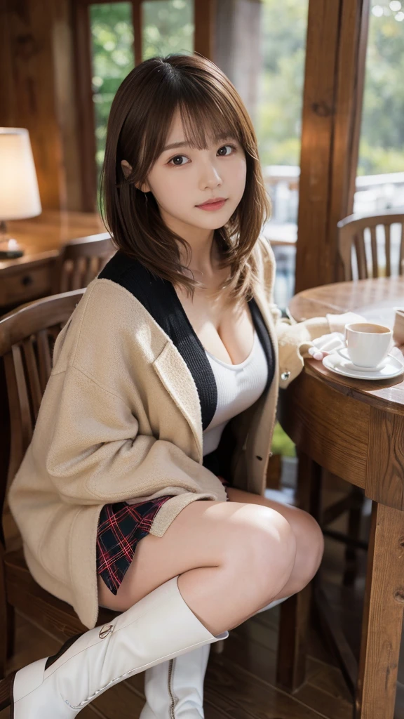(Photorealistic), (ultra high realistic), (Ultra high definition), (ultra high detailed), (Increase contrast), (Increase saturation), (12 year old extremely beautiful girl), (light skinned)A pretty woman with perfect figure, Cute face,, (Lifelike face), Short Bob、Hair hanging over the ears, Realistic eyes, natural make up、beautiful detail, (real looking skin), Beautiful skins, enticing, The ultra -The high-definition, A hyper-realistic, Realistic, Very detailed,, bangss), (White wool short coat and knee-high boots、japanese cute idol, Tartan check、I can see the cleavage)((very short miniskirt))  Brown hair,cafes、Sit cross-legged in a chair、Beautiful valley、beutiful breast、thin-waist、big butts、Kneeling、low  angle shot