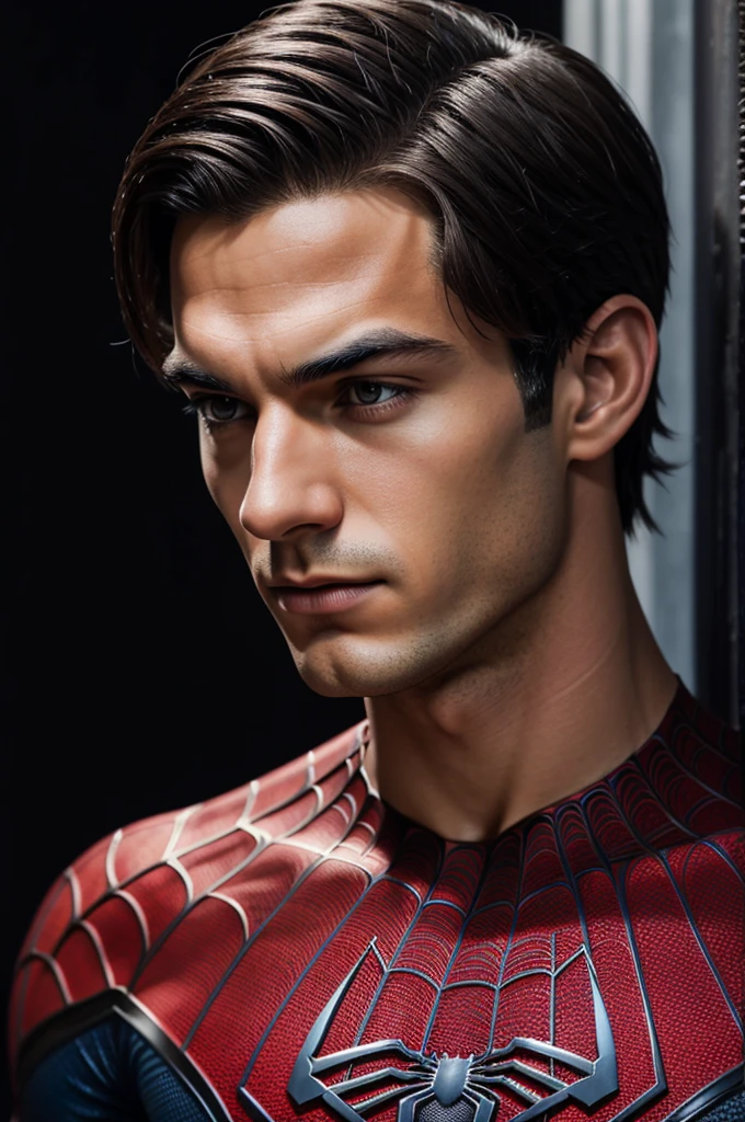 A photograph of Spider-Man., sin mascara, the 20s, elegant, detailed face, looking to the camera, portrait, 8k hd, high quality