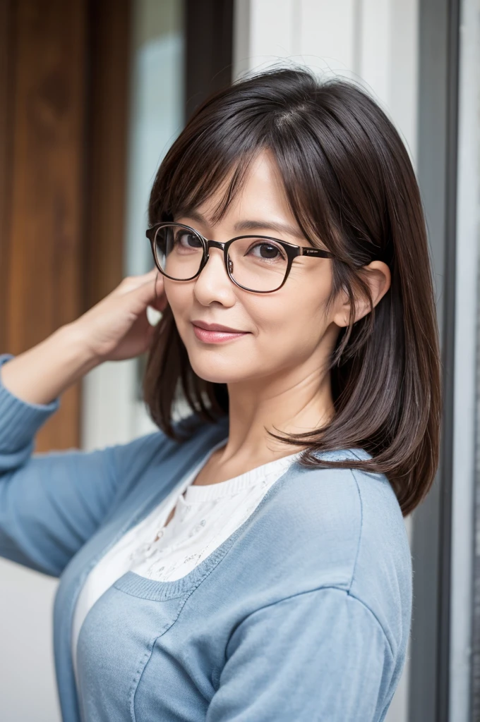 A 48-year-old woman with short glasses