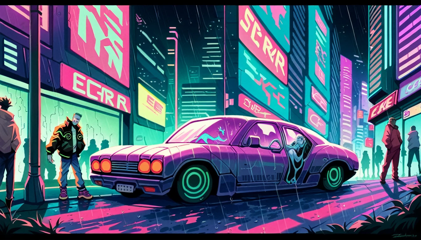 Close-up of a car parked on a street at night, Hyperrealistic Cyberpunk Style, Cyberpunk Street, Cyberpunk Car, Blade Runner atmosphere, Cyberpunk Streets at night, cyberpunk city street, hyper realistic cyberpunk city, cyberpunk night street, Cyberpunk atmosphere, Cyberpunk Street at night, Futuristic cyberpunk scenario, Neon Rain Cyberpunk Set, Rainy Cyberpunk City, Cyberpunk aesthetic