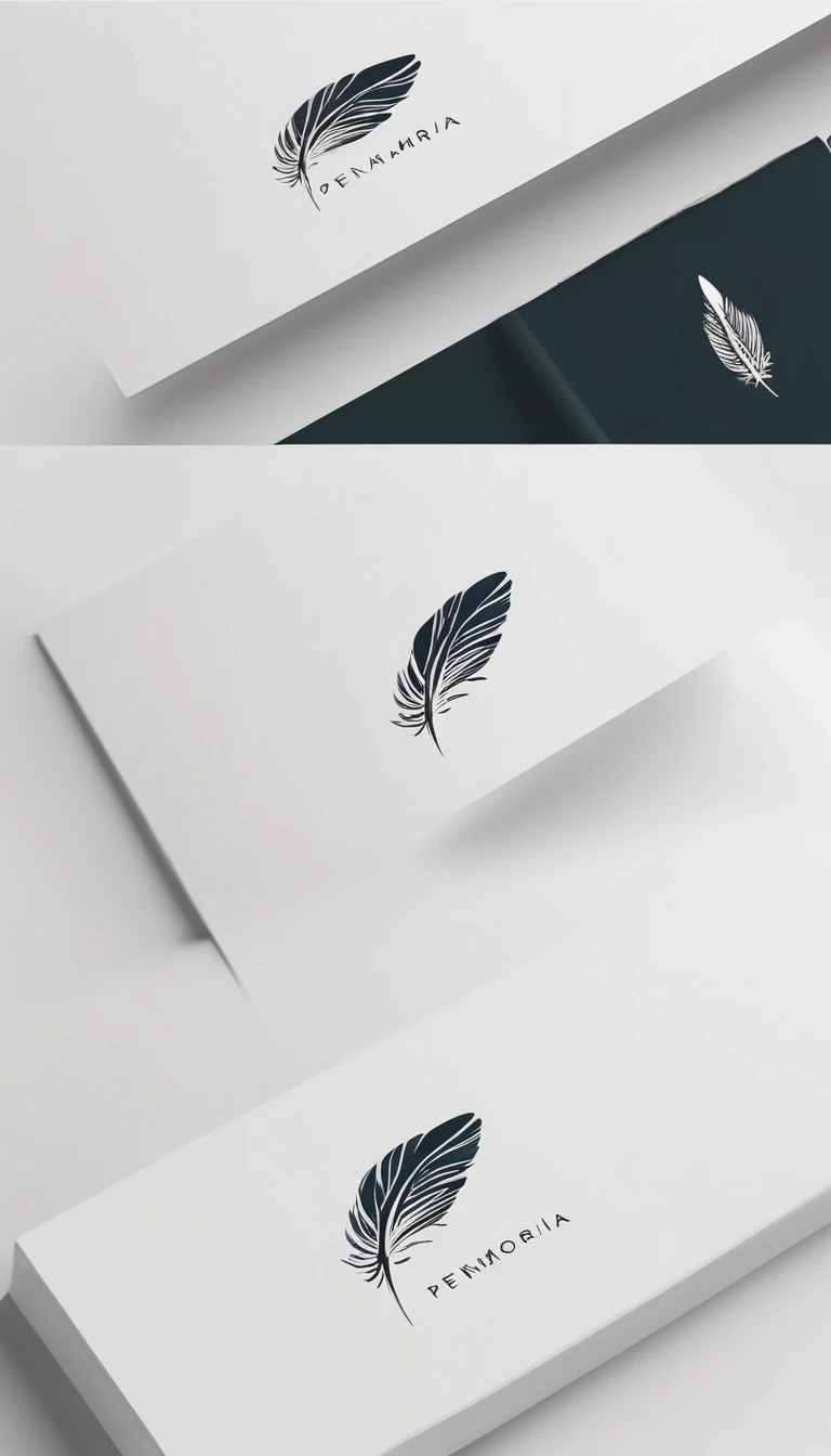 A minimal, modern, simple, cinematic logo design for the brand “Penamemoria". Create a modern, minimalistic, high-quality, white logo of a simple, fantastic, hipnotic, dreamy, artistic feather that symbolizes dreams, stories and memories